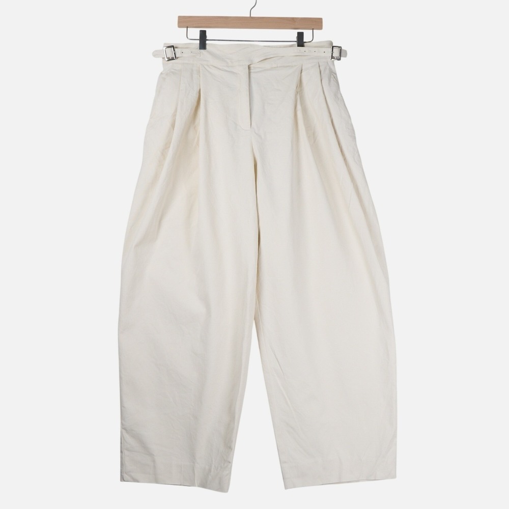 Sara Battaglia Cream Wide Leg Pleated Pants High Rise Side Buckle IT 44 US 8